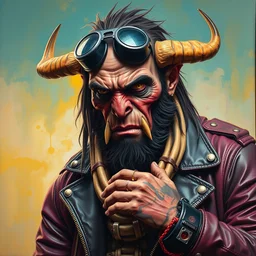 an apocalyptic scifi orcish biker character posing for a professional photo, psychedelic vibrant colors, highly detailed oil painting by michael whelan art, futuristic punk rock fashion, perfect face, sharp focus, detailed eyes, realistic, leather jacket, 8 k cover art
