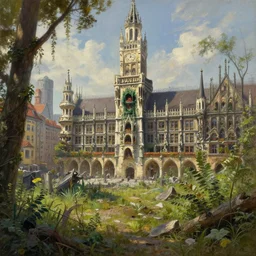 postapocalyptic city of munich!!!, wild forest!!! vegetation!!!, small rubble!!, hyperrealistic, highly detailed, cinematic, sunny light, beautiful, cgssociety, artstation, 8 k, oil painting by greg rutkowski, by artgerm, by wlop