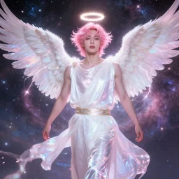 harmony of pink haired angel beautiful yoongi wearing white sparkly shiny greek clothes, muted colors, nebula background, angel halo, lightning, neon sparkles everywhere, big wings, dynamic hair movement, + + + + + + dynamic pose, holographic space, glowing effect, j. c leyendecker, by alan lee, wlop! illustrated by starember, fantasy art by craig mullins cfg _ scale 8