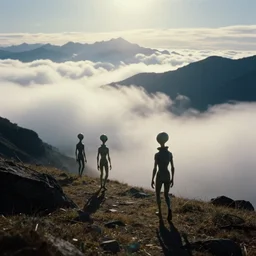 cursed aliens wandering trough the mountains looking at the clouds very detailed focused photography cinematic lighting, sun and shadows, taken by martin parr, colour photo kodachrome