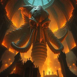 proud astral dimentional cthulhu portrait in a burning cathedral in a dieselpunk civilization, greg rutkowski, rhads, ferdinand knab, makoto shinkai lois van baarle, ilya kuvshinov, rossdraws, tom bagshaw, global illumination, intricate, detailed, atmospheric lighting, golden hour