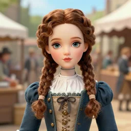 character portrait of regency era audrey horne in the marketplace, color page, 4K, tone mapping, doll, Akihiko Yoshida, James_Jean_Andrei_Riabovitchev_Marc_Simonetti, Yoshitaka Amano, digital illustration, braided hair, ringlet, curls