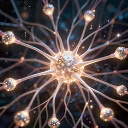 detailed complex neural network with bright neutrons and glowing synapses with sparkling axons and glittering dendrites