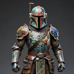 fantasy art ultra 4 k photo of a bizzare colorful metal armor knight mandalorian mask made of ceramic carved by a master engraver by h. r. giger
