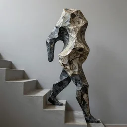 abstract painted sculptire of a strangley shaped rock walking down the stairs - n 4