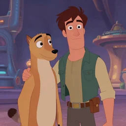 animated movie character, a man and his sidekick, retro futurism, artstation, beautiful, detailed