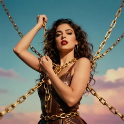 modern portrait of a beautiful woman breaking free of her gold chains, in the sky, cinematic lighting, establishing shot, surrealist, pop art
