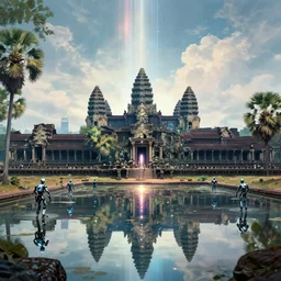 a distant cyberpunk angkor wat, sky, portals, sparkling, reflecting pool, robots, ancient trees by paul lehr, jesper ejsing