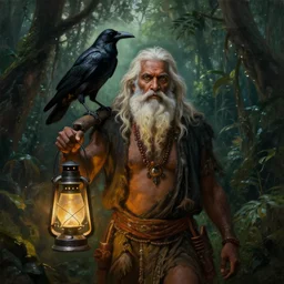 a dark gothic cinematic masterpiece oil painting of an old indian tribal man with long white beard and hair carrying a lantern in one hand, crow on his shoulder, jungle, by tim hildebrandt, by wayne barlowe, by zdzisław beksinski, trending on art - station, featured on pixiv, cinematic composition, beautiful lighting, sharp, hyper - detailed, no frames, hd, 8 k