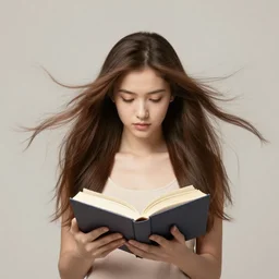 a girl reading book, hair flowing down, symmetrical, anatomically correct, high resolution, 4K, photo realistic