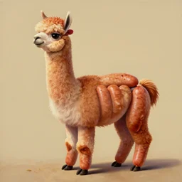 a hyper realistic painting of an alpaca made out of sausages, the neck and legs of the alpaca are sausages! with smooth shiny skin. high resolution, in the style of dali