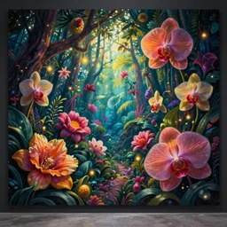 A mural of a surreal acid trip to a gigantic flower jungle. Exotic orchids and fireflies are everywhere