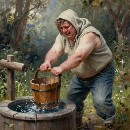 a pale fat man with a suffering look to his face, dressed in a hoodie and jeans, pulling a wooden bucket of water out of a well, highly detailed, oil painting, masterpiece, nature, fantasy illustration, romanticism