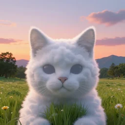 cat head made of clouds, peaceful meadows, trees, mountains in the background, retrowave artwork, sunset, beautiful, volumetric lighting, high quality