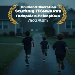 vfx film closeup photojournalism, kids running a way from home, very early morning, flat color profile, low - key lighting, award winning photography, arri alexa cinematography, hyper real photorealistic cinematic, atmospheric cool colorgrade