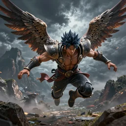extreme detail 3D digital art of a winged Kenshiro flying, detailed textures and lighting, storm in the background, mountains, action pose, high detail character models, detailed environment, epic fight, movie quality battle, epic, intricate, 4k,