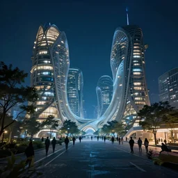 underwater view of organic buildings in city designed by zaha hadid with trees and people walking, cinematic, night time photograph, cinematic lighting, school of fish, vfx film, ultrarealistic, artstation trending, 8 k