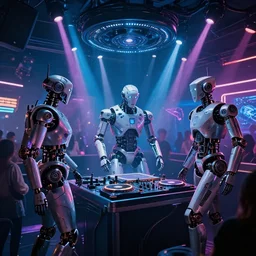 techno music club for futuristic robots, rave, led lights, very detailed