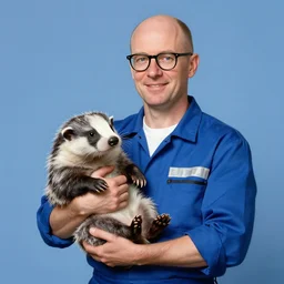 a balding white man, glasses, slim, wearing plumber uniform, norman rockwell painting, holding a honey badger - n 9