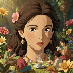 isometric view, people having chai, happy, flowers, absurdly beautiful, elegant, realistic ultrafine hyperrealistic detailed face illustration by amrita sher - gil and studio ghibli, intricate linework, sharp focus, bright colors, matte, unreal engine highly rendered, global illumination, radiant light, intricate environment