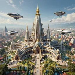 a beautiful and highly detailed digital nepali architecture, futuristic spaceships, entire city in view, intricate details, epic scale, insanely complex, 8 k, sharp focus, hyper realism, fantasy landscape, psychedelic, by caspar friedrich