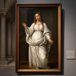 realistic museum photography of a painting of girl wearing white robe, covered with brass dots in a wooden medieval temple cave room in style raffaello sanzio, italian renaissance painting, detailed front view