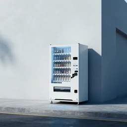 a scene of a futuristic vending machine on a street corner in the style of the ( minority report ) film taken from a distance, minimalist, blue and white, cinematic lighting