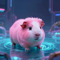pink hairless guinea pig emerging from bioluminescent water in cyberpunk theme by michael garmash and katsuhiro otomo, rule of thirds, ethereal and dreamy look, beautiful