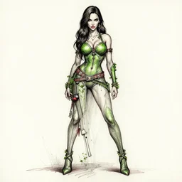 concpet art, full shot, traditional ink, sketch, of megan fox as poison ivy, line sketch, intricate, elegant, highly detailed, monochrome, digital painting, artstation, concept art, green, black, red ink sharp focus, illustration, art by borderlands 3 and peter polach