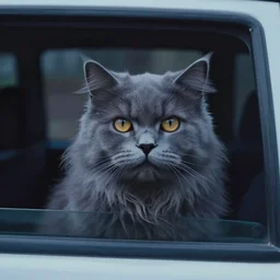 photograph of a fluffy gray cat with yellow eyes looking out a car window, screenshot from commercial from 1989, cinestill, Sigma 24mm f/8, production still, insanely detailed and intricate, haunting, ghostly, foreboding, by Makoto Shinkai and Mohiro Kitoh