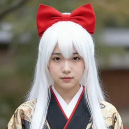A young long white hair Japanese princess from ancient japan wearing a red bow, (EOS 5DS R, ISO100, f/8, 1/125, 84mm, postprocessed, crisp face, facial features)
