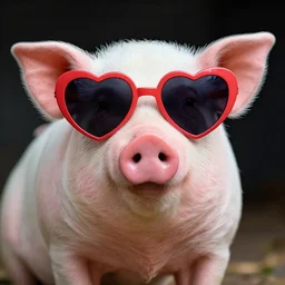 by philip caza. pig wearing heart shaped sunglasses.