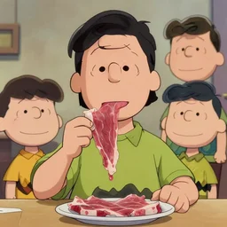 beautiful portrait of shia labeouf eating human flesh in the style of charlie brown. character design by disney, charlie bowater, ross tran, artgerm, and makoto shinkai, detailed, soft lighting, rendered in octane