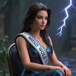 miss of the world sitting in the rain, detailed portrait, 3 d, intricate details, by vincent di fate, conrad roset, greg rutkowski, artgerm, smooth gradients, octane render, 8 k, volumetric lightning, high contrast, depth of field, coherent face