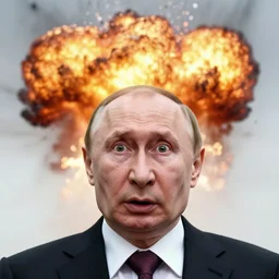 vladimir putin recognizable face, realistic details, freaked out, with open mouth scared, big explosion behind, looking up to sky, nearby, by donato giancola and greg rutkowski and wayne barlow and zdzisław beksinski, digital art