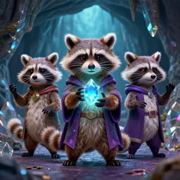 3 5 mm portrait of furry necromancer sly cooper raccoon holding a magical glowing gemstone in a crystal cave, d & d, magic the gathering, disney, pixar,