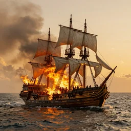 the battle of salamis, ships on fire, photography, golden hour, extremely detailed, 4 k