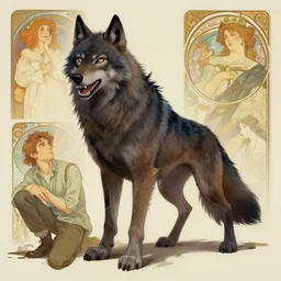 anthropomorphic werewolf. Renowned character illustration by greg rutkowski, thomas kindkade, alphonse mucha, loish, norman rockwell