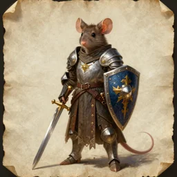 a heroic mouse knight with sword and shield on a parchment background, redwall, greg rutowski and jean baptiste monge, detailed, epic fantasy concept art, full body