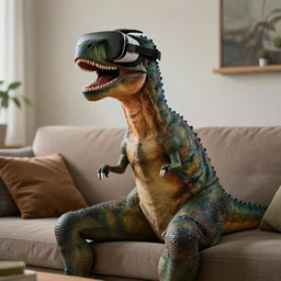 A anthropomorph dinosaur man sitting down on a couch wearing a vr headset, ultra detailed, 8k, by Tomasz Alen Kopera and Tony Sart