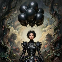 a woman with a bunch of black balloons on her head, a surrealist sculpture by alexander mcqueen, trending on tumblr, afrofuturism, made of rubber, lovecraftian, made of vines