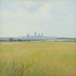 landscape of a field with a city in distance, painting by shaun tan