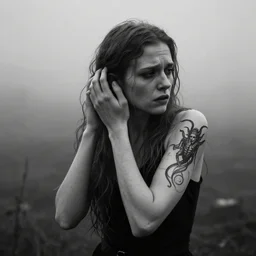 award winning photo of some despair as lars von trier would depict it, she is 2 3, skinny and beautiful and listens to oathbreaker, she has a gorgon tattoo on her arm, she is full of hatred, photo, black and white, the background is unsafe, insanely detailed, foggy like in norwegian black metal aesthetic