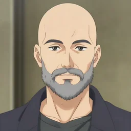bald ethan van sciver with a trimmed grey beard and point nose as an anime character