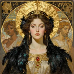 portrait painting of a stunning proud empress, artstation, mymodernmet, by sangsoo jeong, by soey milk, by brad kunkle, by amir ershadi, by ben enwonwu, by alphonse mucha, gold foil aureola, black iridescent feathers, divine, saint, mixed media