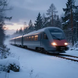 futurist train fast in the taiga, ominous, winter, morning, simon stalenhag