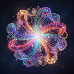 rainbow particle accelerator, quarks, photons, elaborate, intricate, beautiful, magical, representational, hyperrealistic, daz, unreal 5, fisheye, dynamic lighting