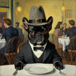 a portrait picture of a black french bulldog wearing a dinner jacket wearing a hat wearing a hat wearing a hat sitting at a table at a crowded french cafe classic oil painting by salvador dali surrealism zoomed out
