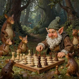 A very detailed painting of a gnome playing chess with a troll in a forest, with wood animals watching them, by Brian Froud