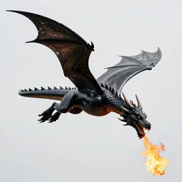 “ a large black-scaled dragon flying and breathing fire downward”